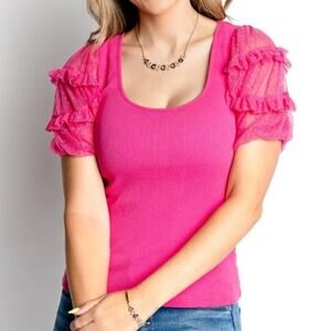 Anthropolgie Maeve Bright Pink Ribbed Top Sheer Ruffled Sleeves Size MP Feminine